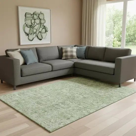 Green And Ivory Floral Washable Area Rug With UV Protection Photo 1