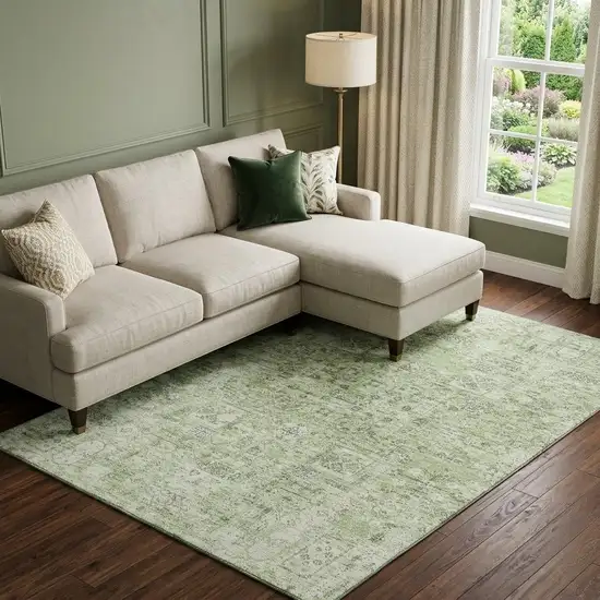 Green And Ivory Floral Washable Area Rug With UV Protection Photo 1