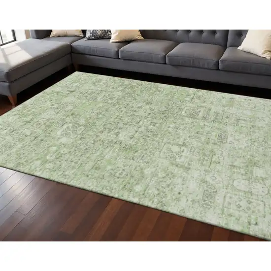 Green And Ivory Floral Washable Area Rug With UV Protection Photo 2