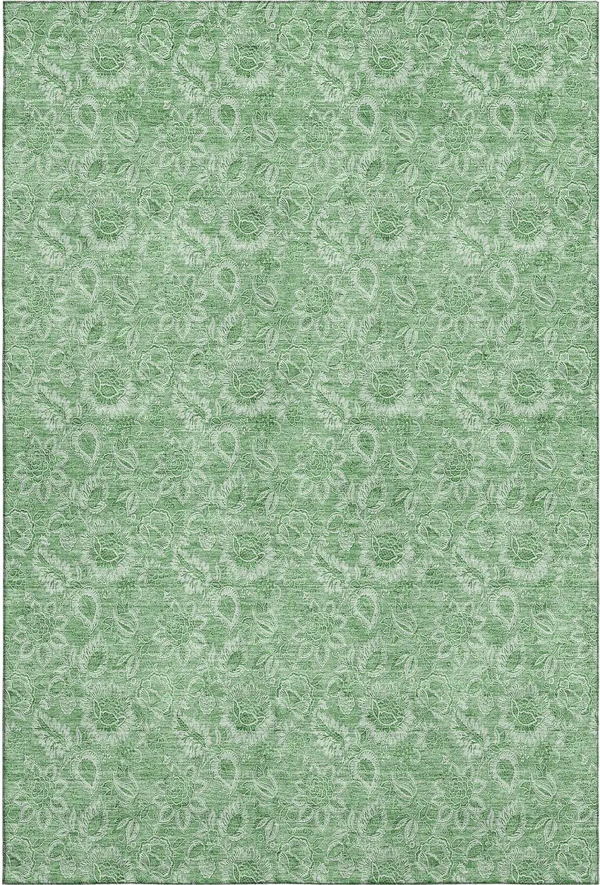 Green And Ivory Floral Washable Area Rug With UV Protection Photo 1