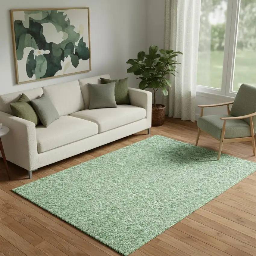 Green And Ivory Floral Washable Area Rug With UV Protection Photo 1