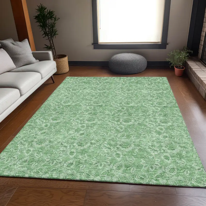 Green And Ivory Floral Washable Area Rug With UV Protection Photo 4