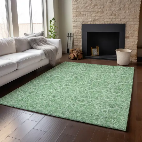 Green And Ivory Floral Washable Area Rug With UV Protection Photo 5