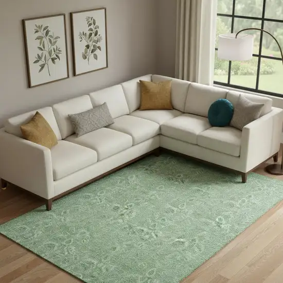 Green And Ivory Floral Washable Area Rug With UV Protection Photo 1