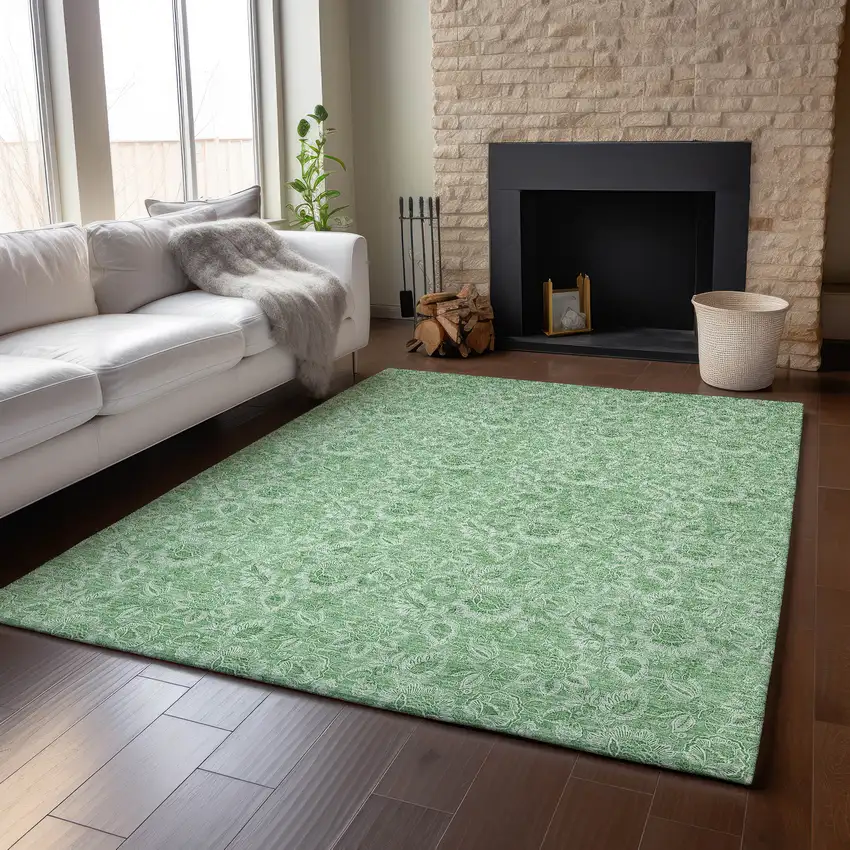 Green And Ivory Floral Washable Area Rug With UV Protection Photo 5