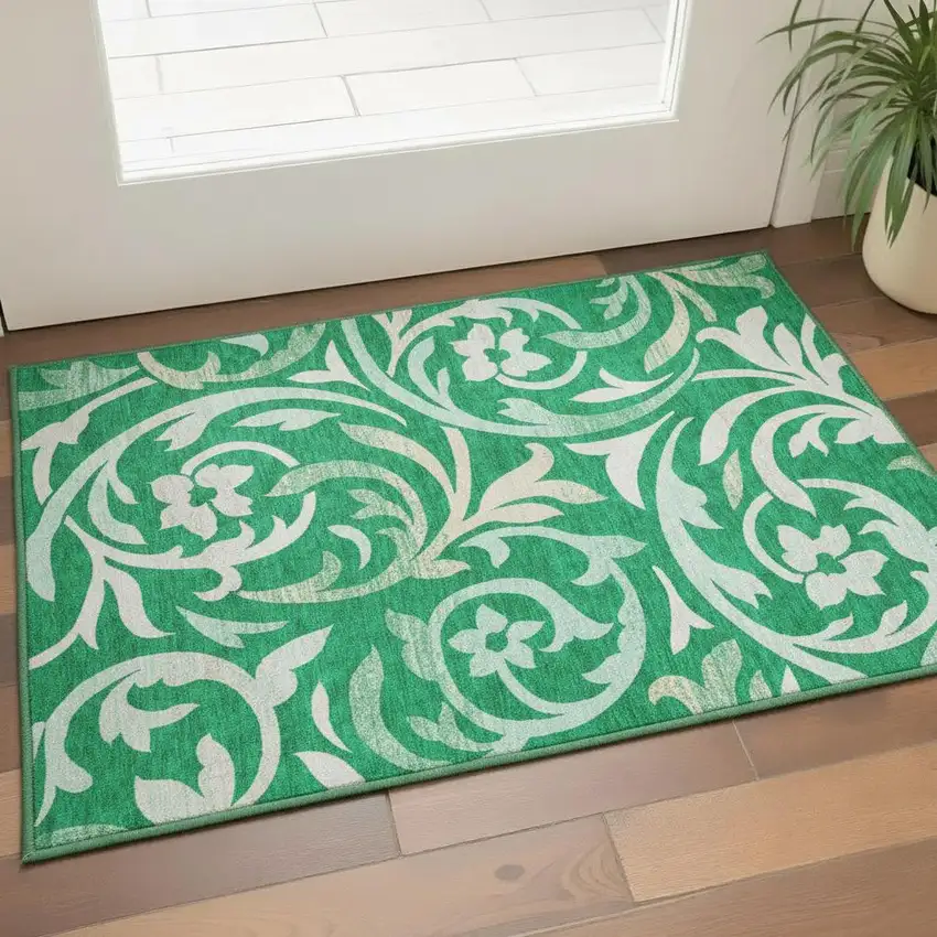 Green And Ivory Floral Washable Area Rug With UV Protection Photo 2