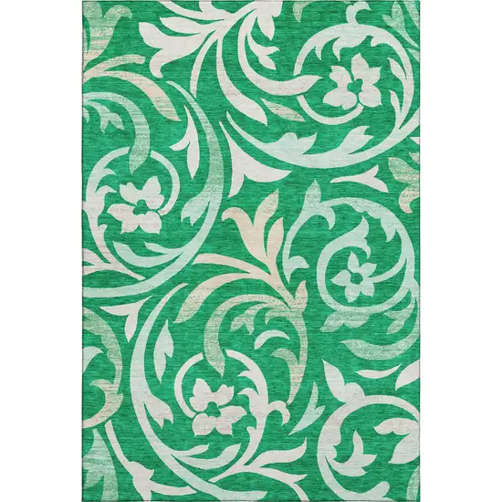 Green And Ivory Floral Washable Area Rug With UV Protection Photo 1