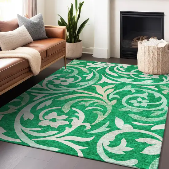 Green And Ivory Floral Washable Area Rug With UV Protection Photo 6