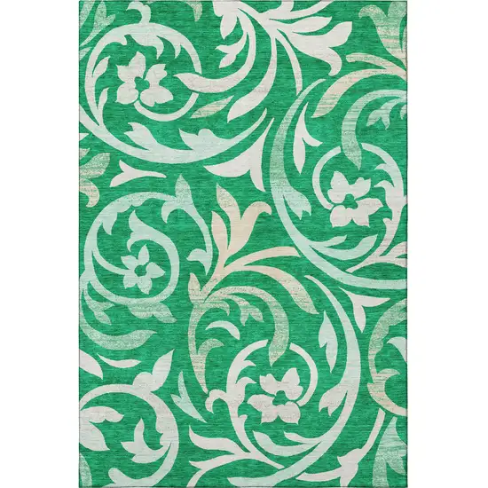 Green And Ivory Floral Washable Area Rug With UV Protection Photo 3