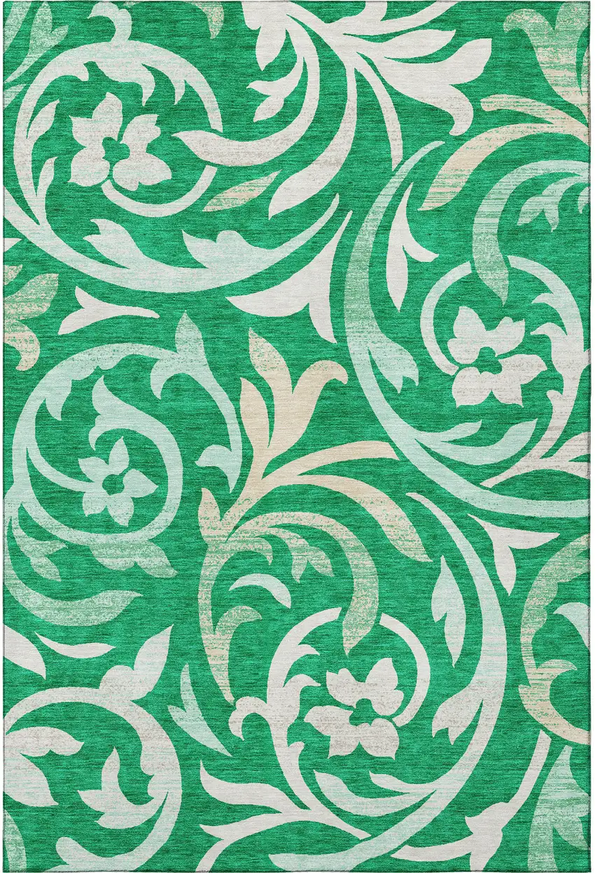 Green And Ivory Floral Washable Area Rug With UV Protection Photo 3