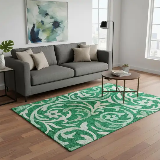 Green And Ivory Floral Washable Area Rug With UV Protection Photo 2