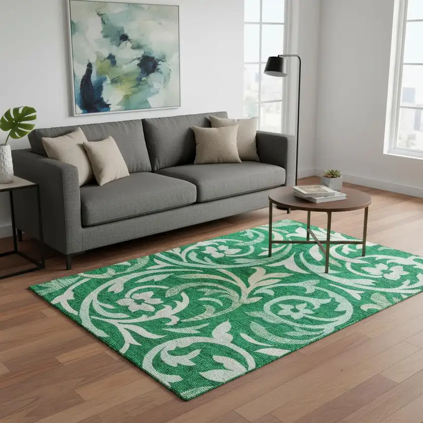 Green And Ivory Floral Washable Area Rug With UV Protection Photo 2