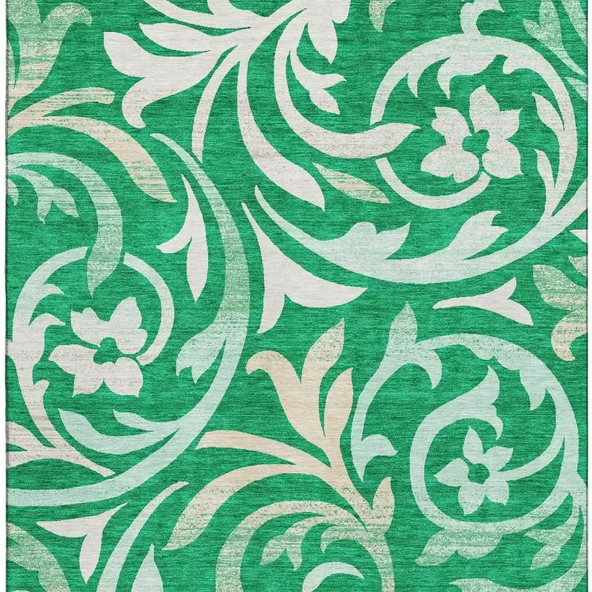 Green And Ivory Floral Washable Area Rug With UV Protection Photo 3