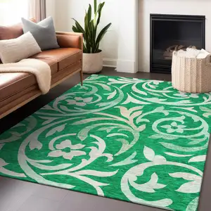 Photo of Green And Ivory Floral Washable Area Rug With UV Protection