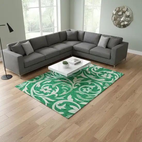 Green And Ivory Floral Washable Area Rug With UV Protection Photo 2