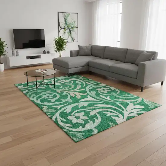 Green And Ivory Floral Washable Area Rug With UV Protection Photo 2
