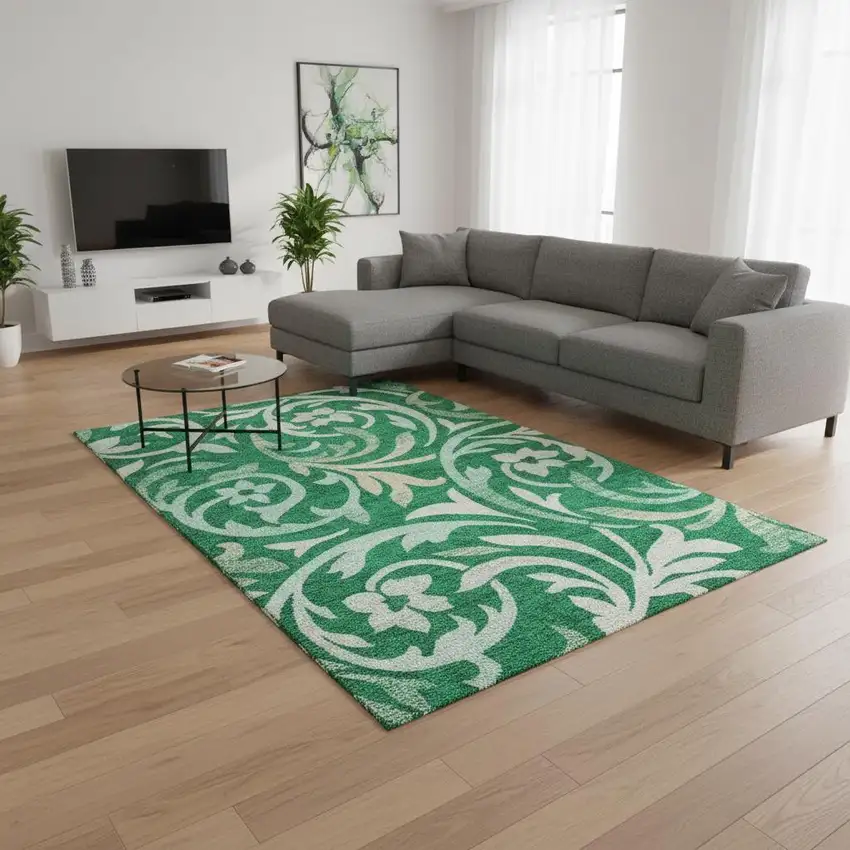 Green And Ivory Floral Washable Area Rug With UV Protection Photo 2