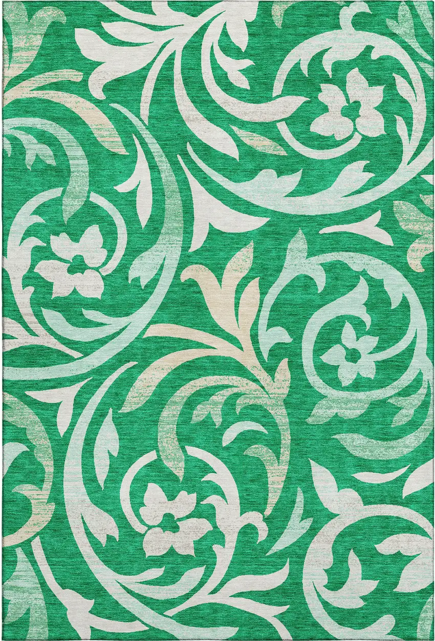 Green And Ivory Floral Washable Area Rug With UV Protection Photo 1