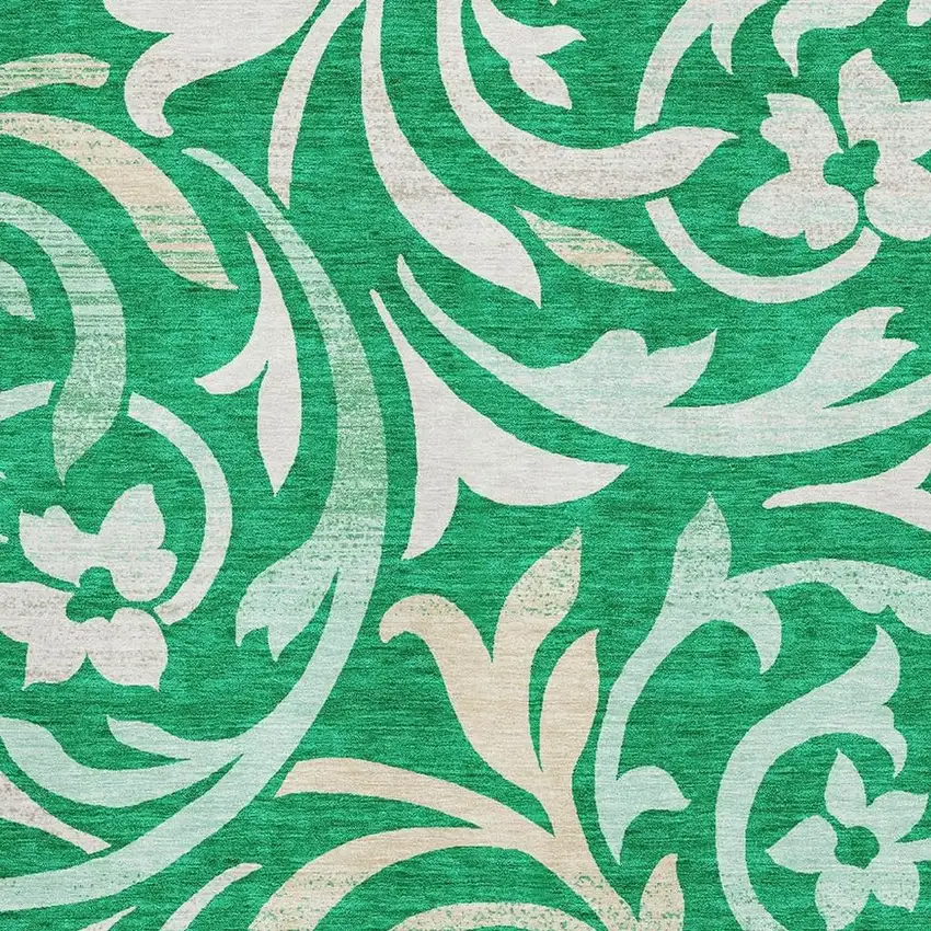 Green And Ivory Floral Washable Area Rug With UV Protection Photo 3