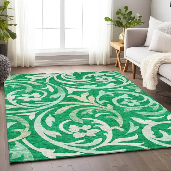Green And Ivory Floral Washable Area Rug With UV Protection Photo 5