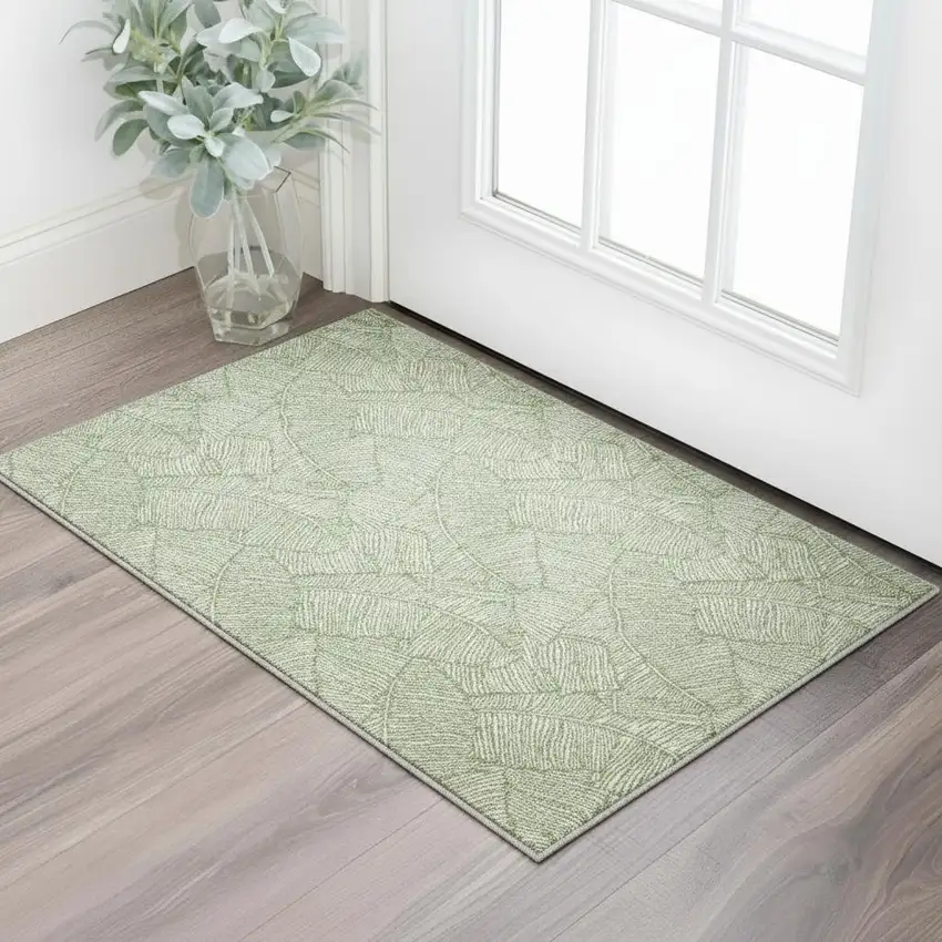 Green And Ivory Floral Washable Area Rug With UV Protection Photo 2