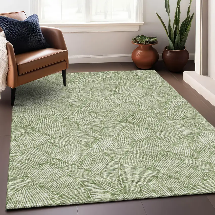 Green And Ivory Floral Washable Area Rug With UV Protection Photo 5