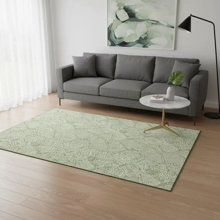 Green And Ivory Floral Washable Area Rug With UV Protection Photo 2