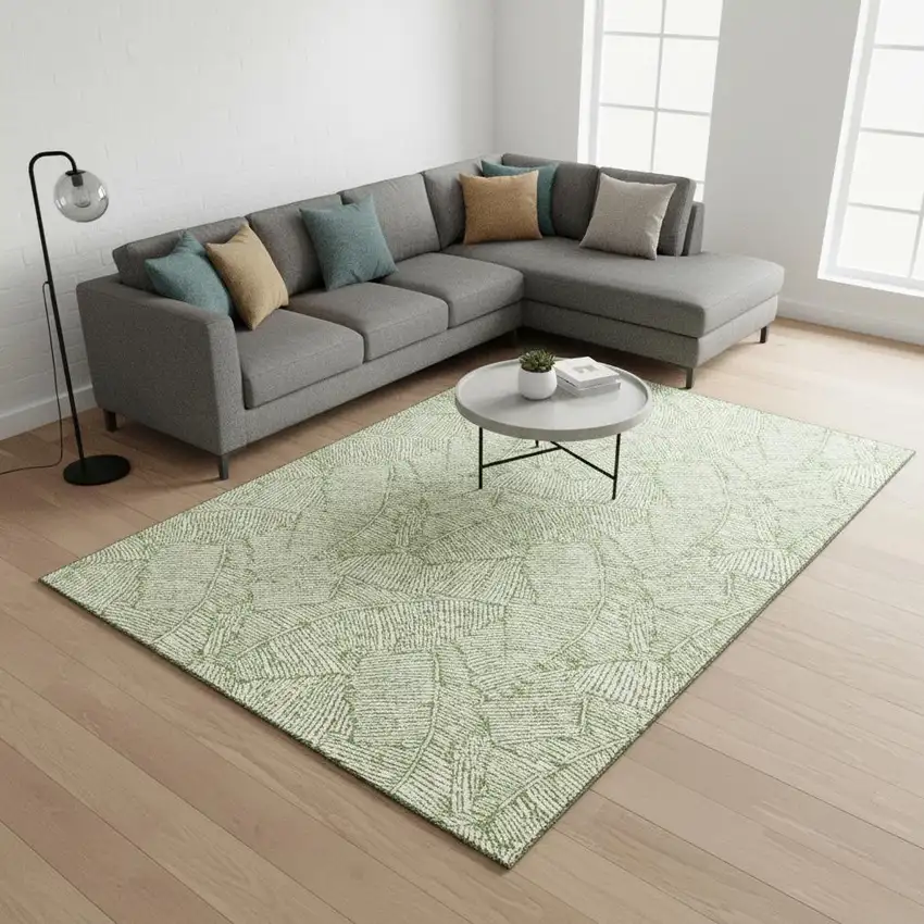 Green And Ivory Floral Washable Area Rug With UV Protection Photo 2