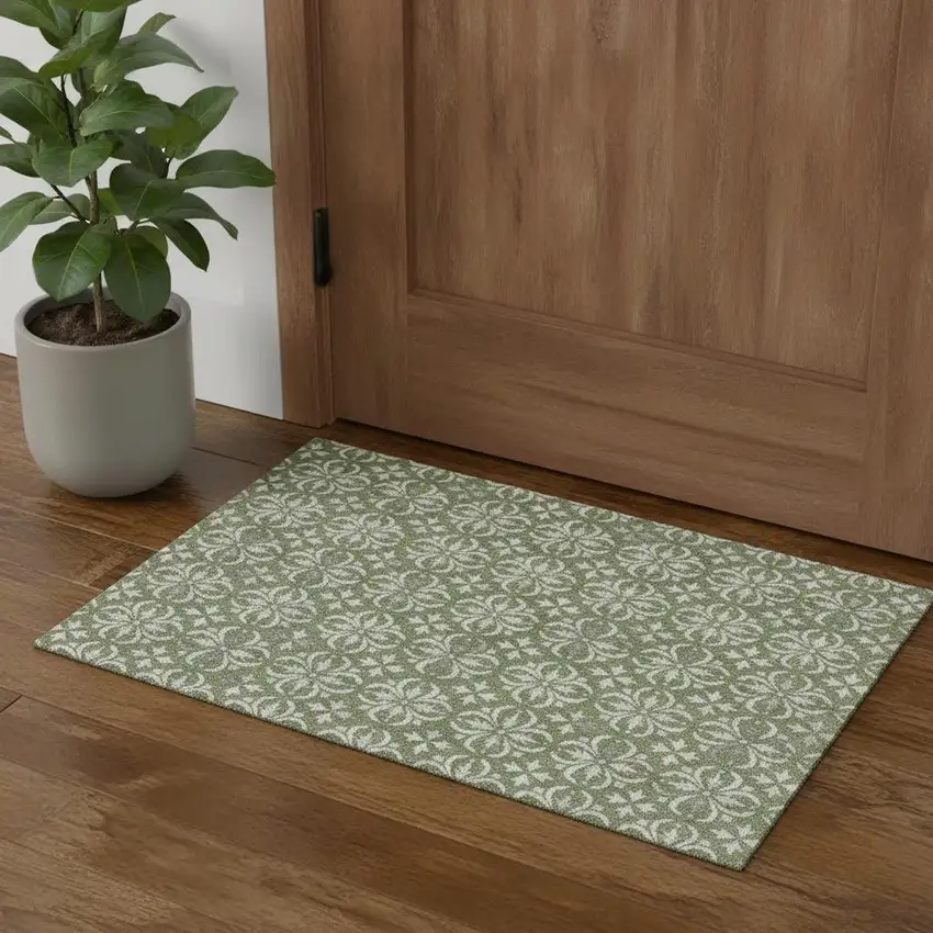 Green And Ivory Floral Washable Area Rug With UV Protection Photo 1