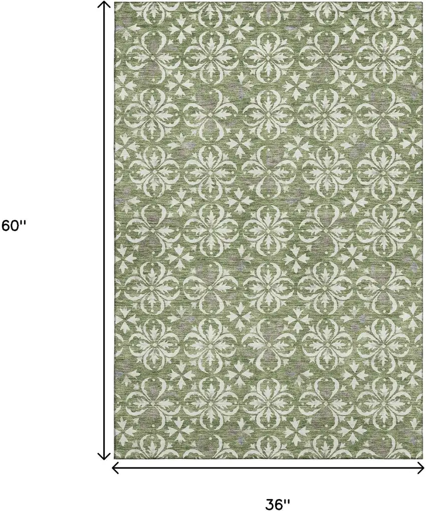 Green And Ivory Floral Washable Area Rug With UV Protection Photo 3