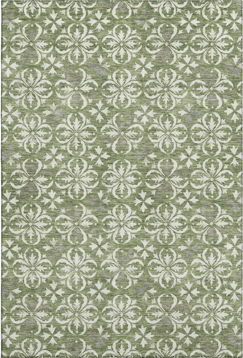 Green And Ivory Floral Washable Area Rug With UV Protection Photo 1