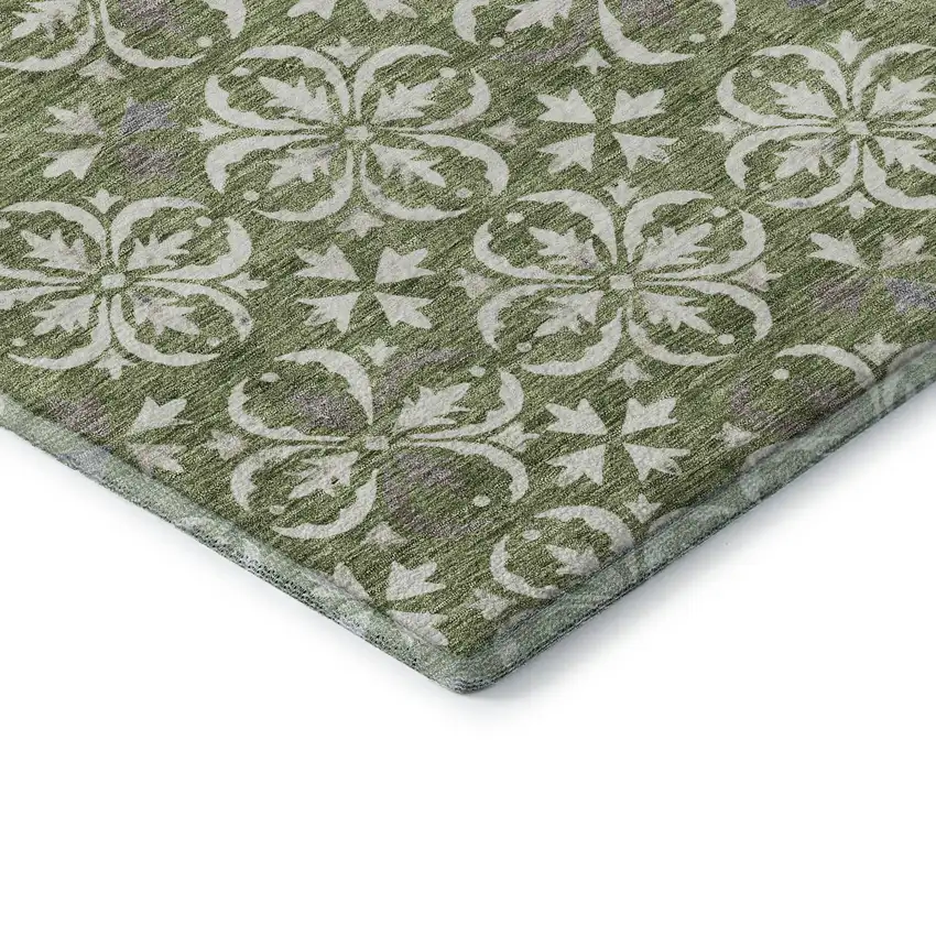 Green And Ivory Floral Washable Area Rug With UV Protection Photo 7