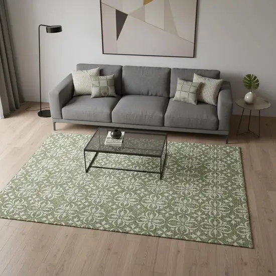 Green And Ivory Floral Washable Area Rug With UV Protection Photo 2