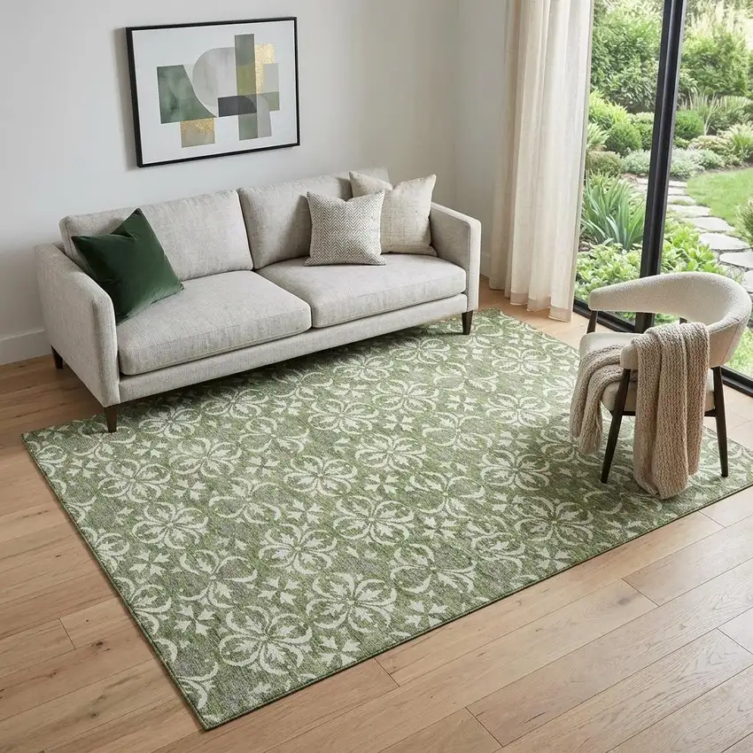 Green And Ivory Floral Washable Area Rug With UV Protection Photo 1