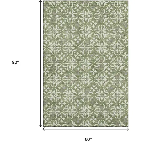 Green And Ivory Floral Washable Area Rug With UV Protection Photo 9