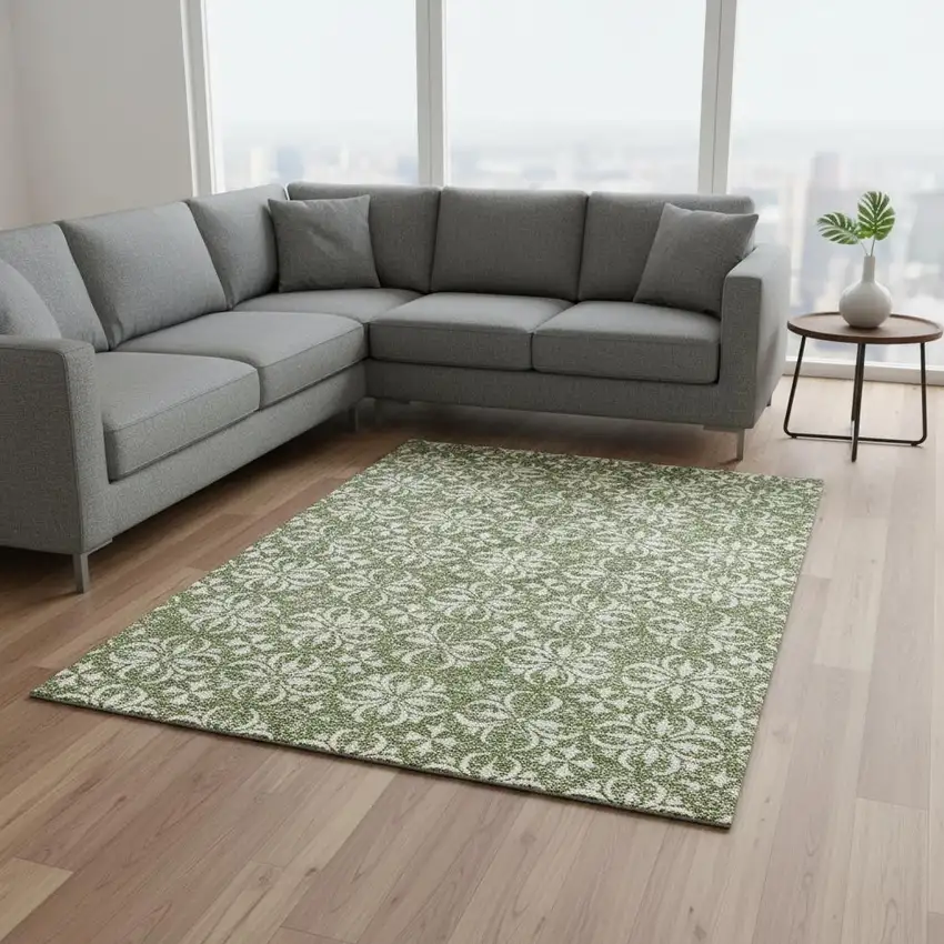 Green And Ivory Floral Washable Area Rug With UV Protection Photo 2