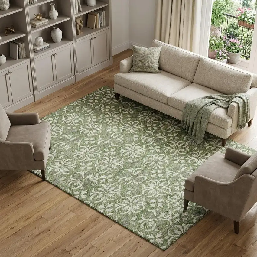 Green And Ivory Floral Washable Area Rug With UV Protection Photo 1
