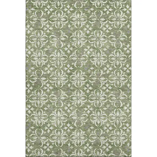 Green And Ivory Floral Washable Area Rug With UV Protection Photo 1