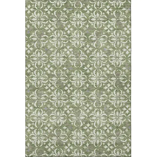 Green And Ivory Floral Washable Area Rug With UV Protection Photo 2