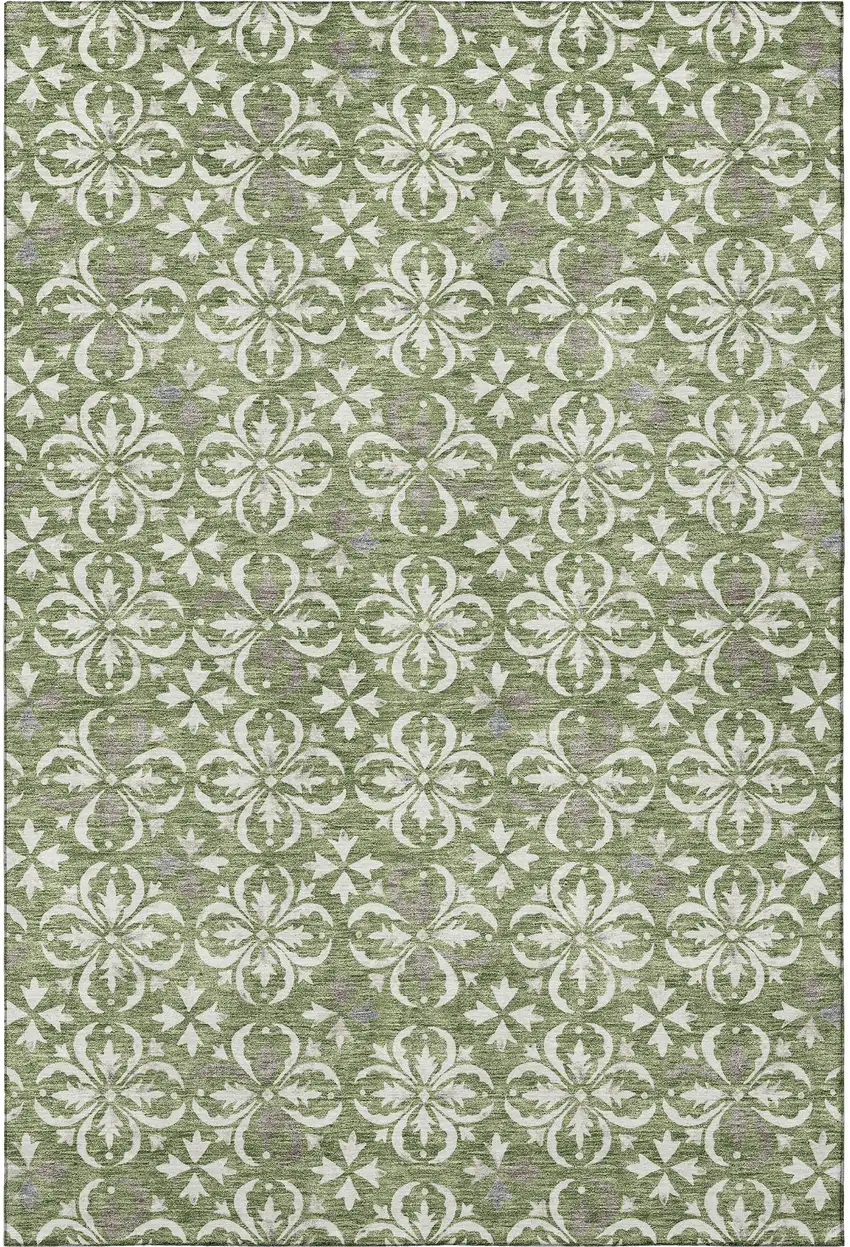 Green And Ivory Floral Washable Area Rug With UV Protection Photo 2