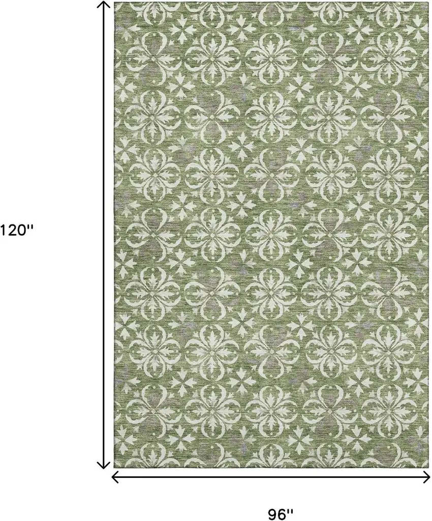Green And Ivory Floral Washable Area Rug With UV Protection Photo 9