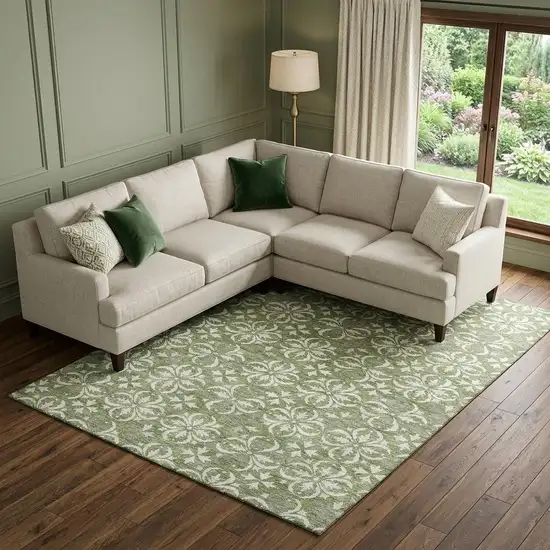 Green And Ivory Floral Washable Area Rug With UV Protection Photo 1
