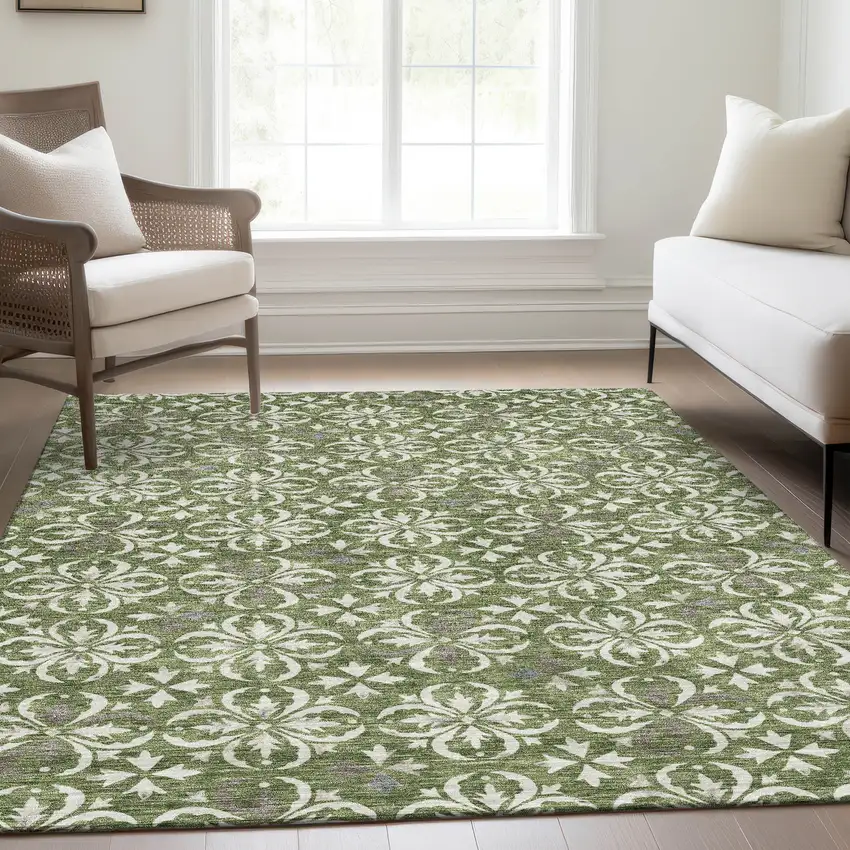 Green And Ivory Floral Washable Area Rug With UV Protection Photo 5
