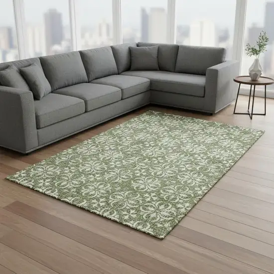 Green And Ivory Floral Washable Area Rug With UV Protection Photo 2