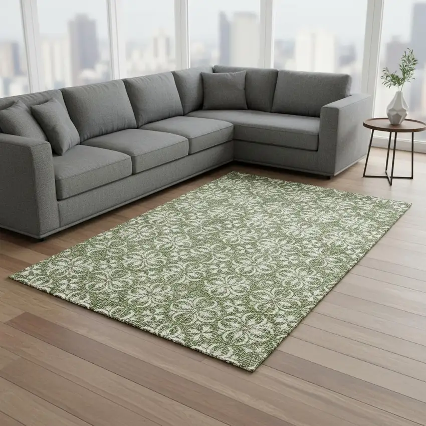 Green And Ivory Floral Washable Area Rug With UV Protection Photo 2