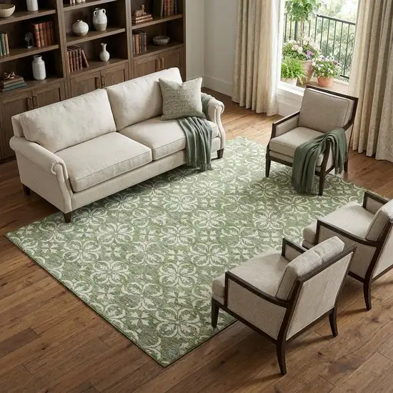 Green And Ivory Floral Washable Area Rug With UV Protection Photo 1