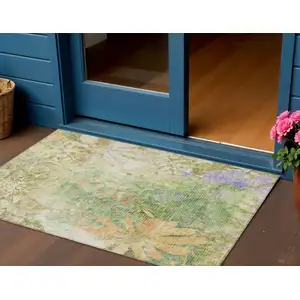 Photo of Green And Ivory Floral Washable Indoor Outdoor Area Rug