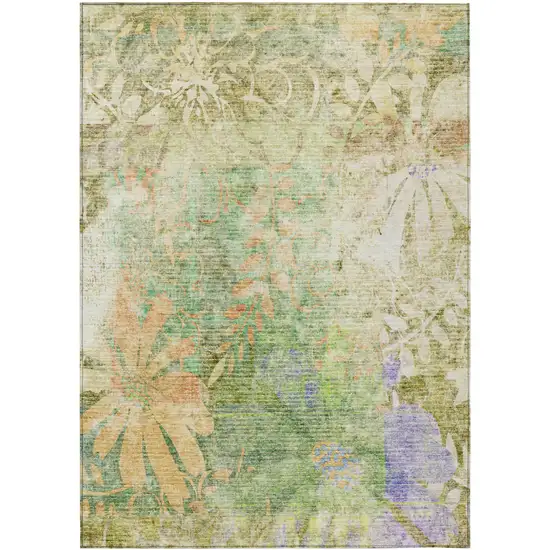 Green And Ivory Floral Washable Indoor Outdoor Area Rug Photo 2