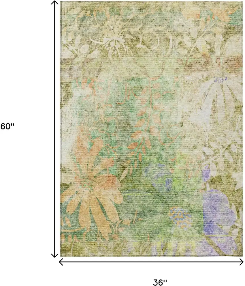 Green And Ivory Floral Washable Indoor Outdoor Area Rug Photo 3