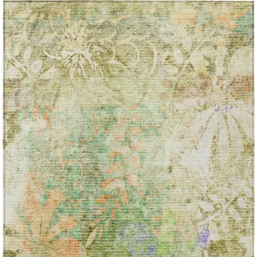 Green And Ivory Floral Washable Indoor Outdoor Area Rug Photo 4